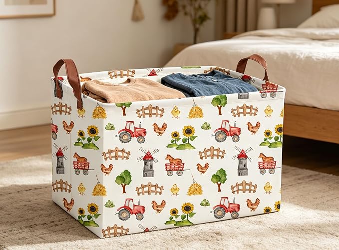 Cute Basket Farm Baskets for Home Decor Basket Rectangular Storage Bin Organizer Box Room Decor.(Farm)