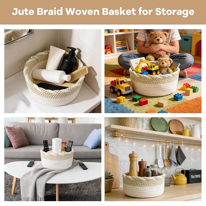 Small Cotton Rope Storage Basket, Boho Cotton Rope Storage Bins for Towel,Pet Kids Toy, Round Jute-Colored Woven Basket, Empty Gift Basket, 8 x 8 x 4