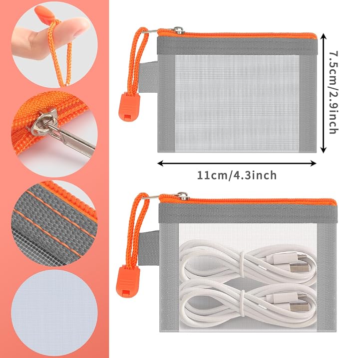Classycoo Mini Zipper Mesh Bags 5 Pack,3" x 4.3" Nylon Small Pouch Key Card Holder,Coin Purse, Portable Travel Makeup Cosmetic Bags for Lipstick, Earphone (Grey& Orange)