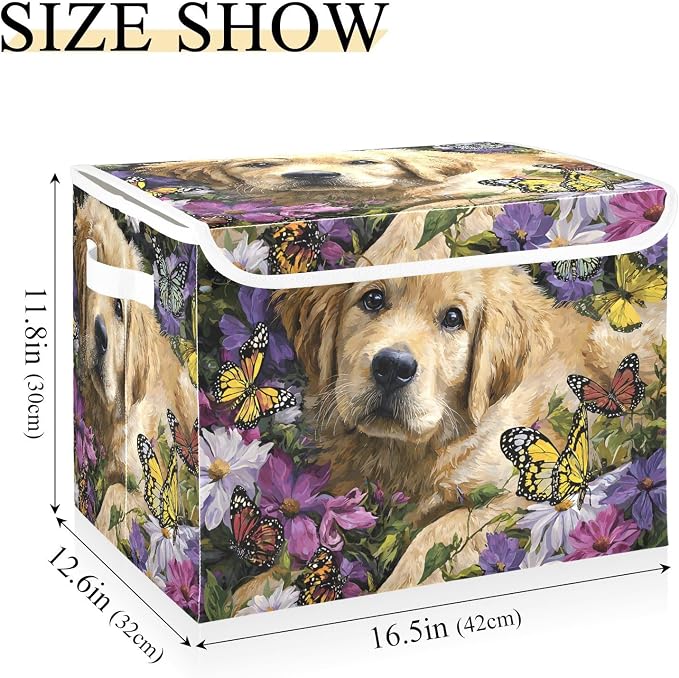 Storage Bins with Lid Dog Butterfly Pet Foldable Storage Boxes 40L Baskets | Decorative Storage Boxes, Dust-Proof Flip Top, Reinforced Handles, For Home & Bedroom, Clothes & Toy Box, Oxford Fabric Print