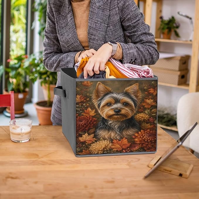 Yorkie Dog Autumn Flowers Storage Bin with Handles, Oxford Fabric Foldable Storage Cube Organizer for Clothes, Towels, Bedroom, Living Room, Home Organization