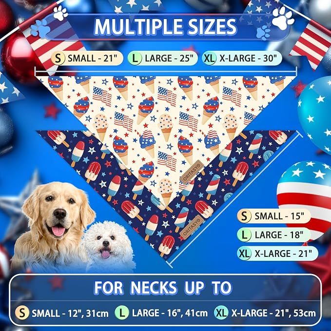 US Flag 4th of July Dog Bandanas, 2-Pack Triangle Reversible Pet Scarves, Premium Fabric, Bandana for All Boys Girls Dogs (X-Large, 26-Style 4)