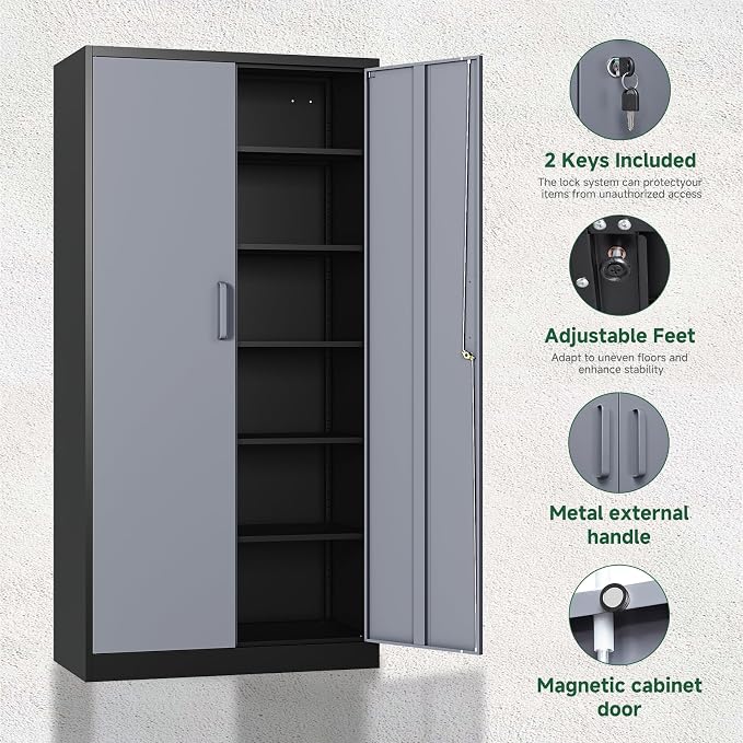 Metal Storage Cabinets with Lock Door and 5 Adjustable Shelves, Steel Garage Tool Organization Cabinets for Home,Utility Room, Warehouse,Lockers(71"-Black Gray)