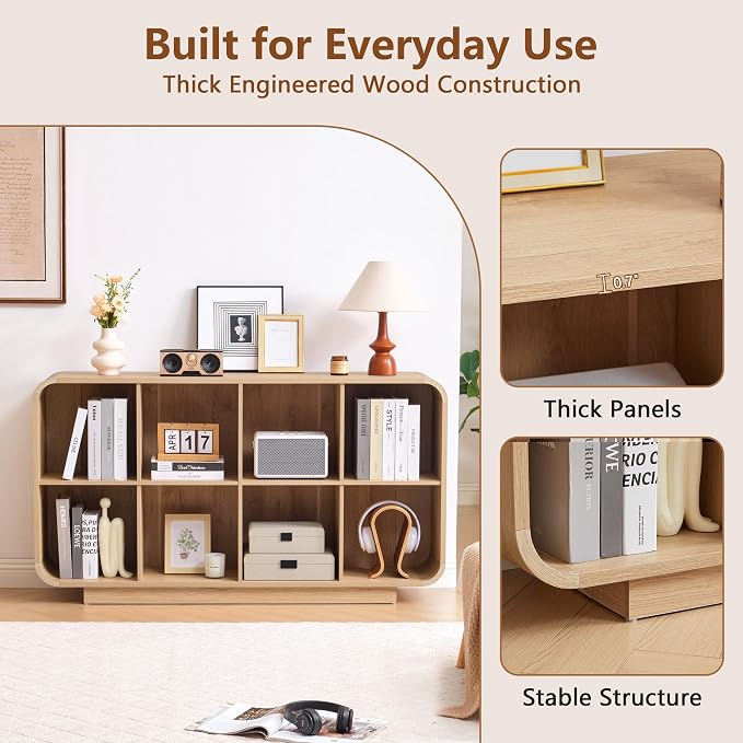 Cube Storage Organizer with Base, 8 Cube 2-Tier Bookcase, Wooden Floor Standing Storage Shelf with Rounded Corners, Anti-Tip Kit, Low Lattice Organizer for Home Office Living Room, Natural