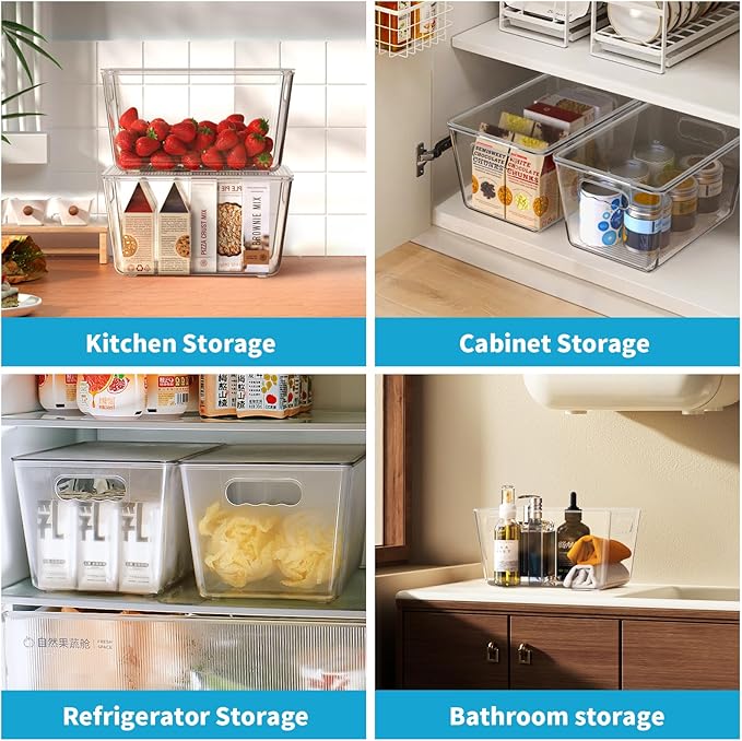Clear Fridge Organizer with Handles & Lids, 6 Pack Large 11.5×7.5×6 Inch | Stackable Clear storage bins with handles, food organizer basket for kitchen, fridge, freezer