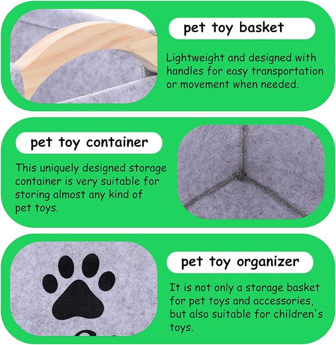 balacoo Cat Toy Storage Bin Fabric Pet Accessory Organizer Felt Basket Chest Organizer Container with Wooden Handle for Dog Rope Toys Blankets Leashes Clothing Grey