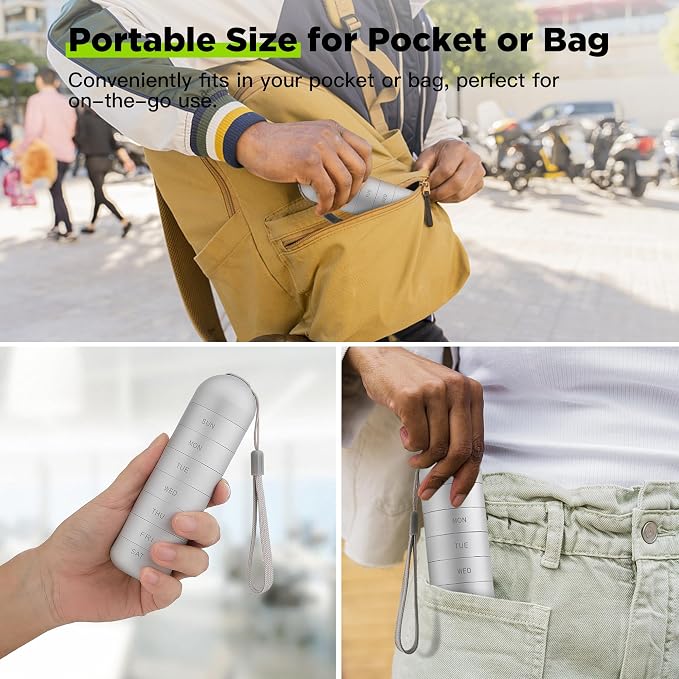 Zannaki Metal Moisture Proof Weekly Pill Organizer, Stackable Aluminum Alloy BPA Free Travel Hiking 7 Day Pill Box Case Waterproof and Large Compartment to Hold Pills, Vitamins, Fish Oil, Supplements