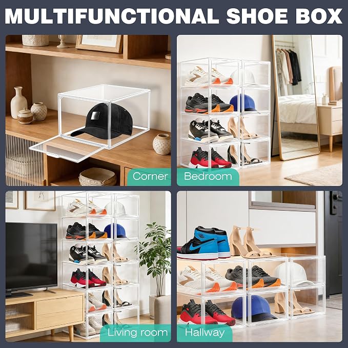 12 Pack Drop-Front Clear Shoe Boxes for Flats,Loafers&Small Spaces,Size 12 | Stackable Shoe Display Cases with Magnetic Door, Clear Storage Bins for Sneaker Containers Figure Display