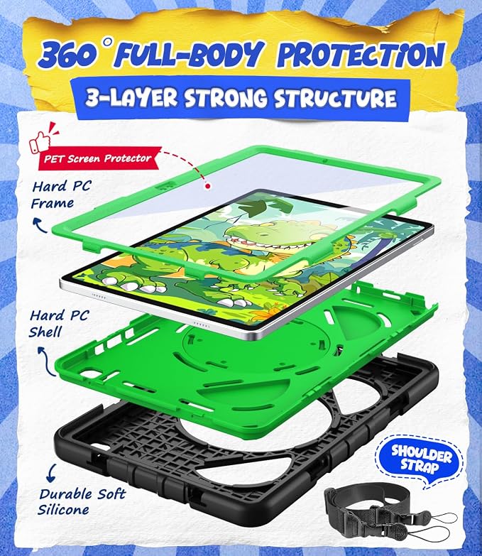 Grifobes Case for Samsung Galaxy Tab A11+ / A9+ Plus 11 inch 2026/2024, Full Protection with Screen Protector/Rotating Stand, Hand/Shoulder Strap for 11” Tablet Cover Black+Green