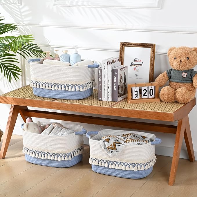2 Pack Storage Basket, Heavy Tassel Woven Baskets for Storage, Boho Cotton Rope Storage Bin, Cube Organizer Bins, Baby Laundry Basket for Clothes, Toys, Diapers, Pets（White & Blue）