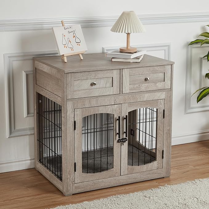 Dog Crate Furniture, Dog Kennel Indoor, Wood Dog Cage Table with Drawers Storage, Heavy Duty Furniture Style Dog Crate