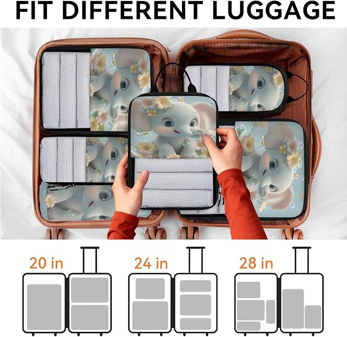 Cute 6 Set Compression Packing Cubes Elephant Expandable Packing Organizer for Travel Accessories Luggage Suitcase Bag