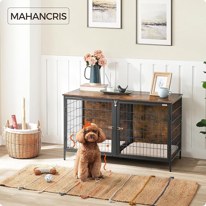 MAHANCRIS Dog Crate Furniture for 2 Dogs, 43.3" Dog Kennel with Removable Divider, Heavy Sturdy Dog Furniture Style Double Cage for Small Medium Dog, Indoor Pet House End Table, Rustic Brown DCHR1201