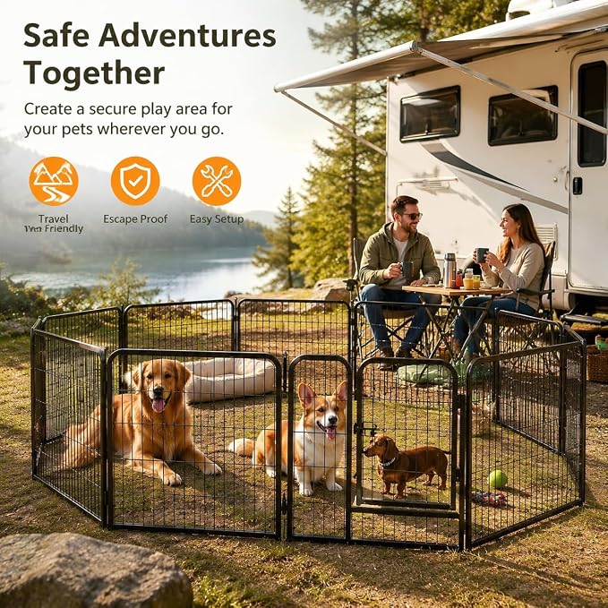 Metal Dog Playpen - 32" Height 8 Panels Foldable Exercise Pen for Dogs Indoor/Outdoor Pen with Door for Pet Animals Portable Pet Playpen Polygon Dog Enclosure (Black)
