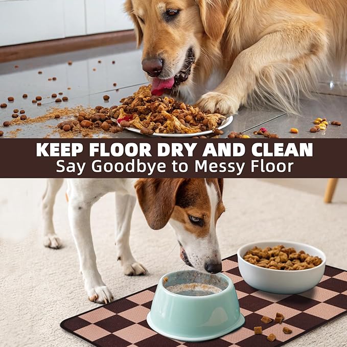 PUPTECK Dog Food Mat, Absorbent Pet Cat Feeding Mat for Food and Water Bowls, Anti-Slip Dog Placemat for Floors Waterproof, Pet Supplies Accessories, Brown & Khaki Checkered M