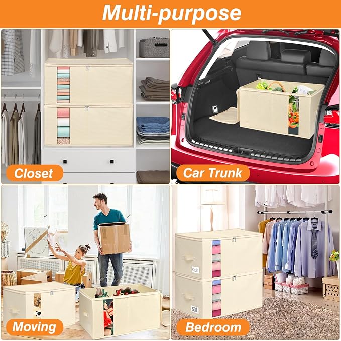 60L Rigid-Sided Blanket Storage Bags, 2 Pack, Beige | Rigid Sides and Bottom, Stackable Design, for Comforters, Quilts, Bedding, Pillows and Clothes, Closet and Dorm Organization
