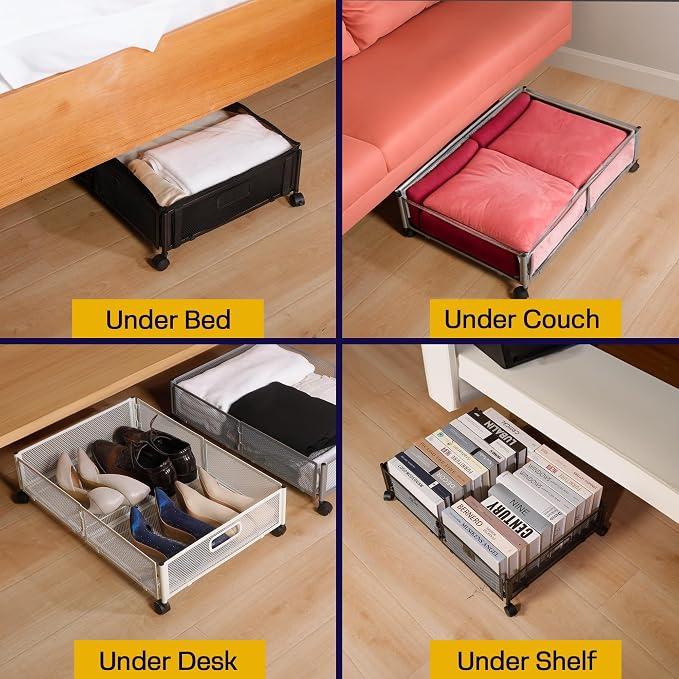 2pcs Large UnderBed Storage with Wheels - Sturdy Black Under Bed Storage with Wheels - Under the Bed Shoe Storage with Wheels of High-grade Steel – Can bare upto 25Kgs
