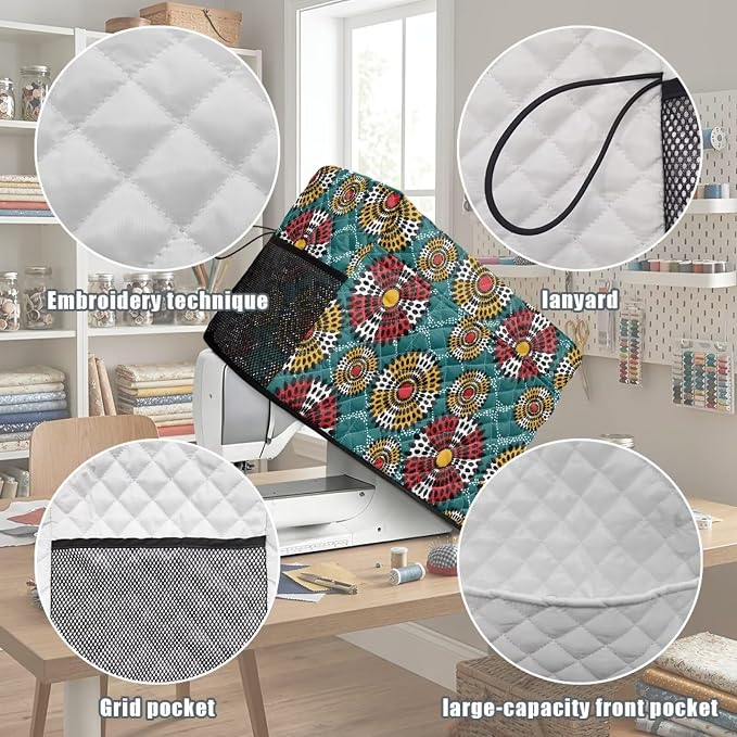 Sewing Machine Cover Polyester Febric Retro Dot Ethnic Flower | Dust Pet Hair Protection,Quilting Design,Fits Standard Singer,Brother Janome Machines,Protecting Decorating Your Sewing Space