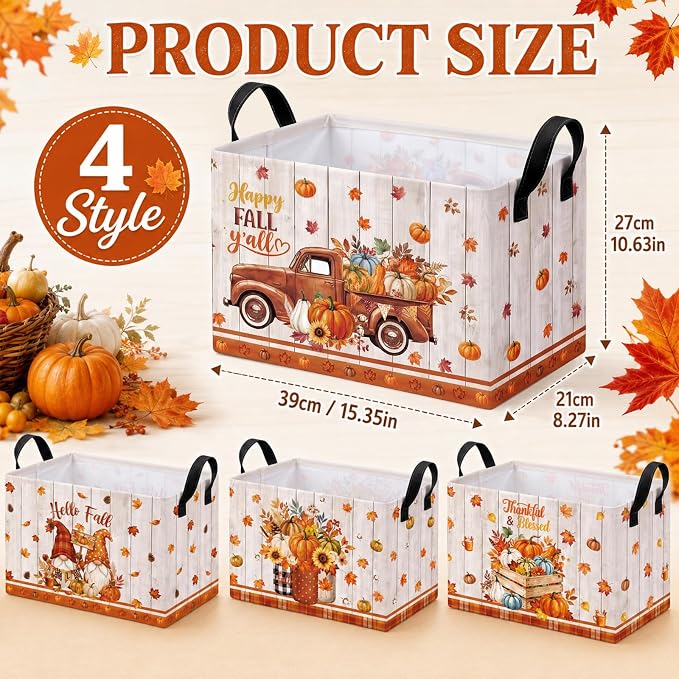 4 Pcs Fall Storage Basket for Gifts Empty Large Fall Pumpkin Storage Bins with Handles 15 x 10 x 8 Fabric Laundry Baskets Autumn Harvest Collapsible Organizer Boxes for Home Clothes Toys Books