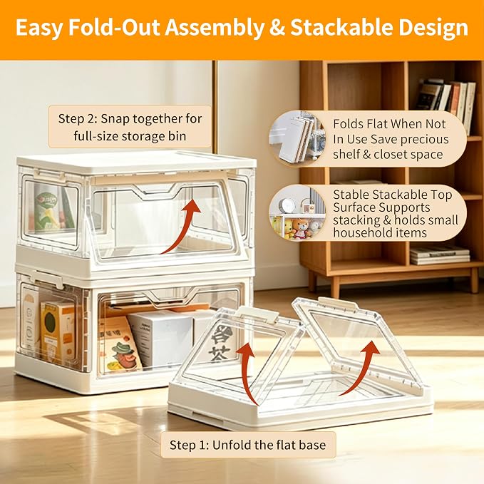 Collapsible Storage Bins with Lid, Clear Stackable Organizer Box, 15.35" x 11.02" x 8.66", for Clothes, Books, Snacks (2-Tier)