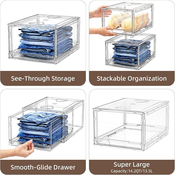 Large Clear Stackable Storage Drawer Organizer for Closet, 3 Pack | Easy Assemble, Plastic Drawer Organizer, Closet Storage Bins, Dustproof Underbed Organizer for Underwear, T-shirt, Clothing