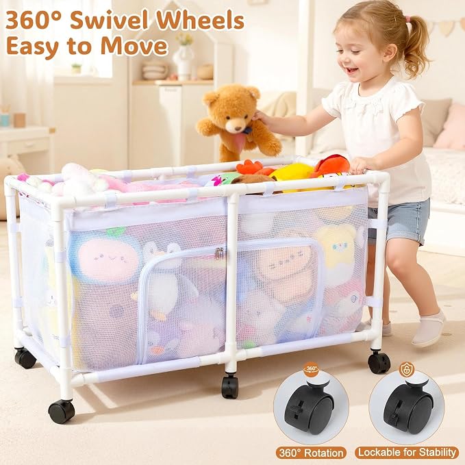 FIOBEE Toy Box for Girls Boys with See-Through Mesh & 360° Rotating Wheels | Kids Toy Chest Organizer, Stable Structure & Easy Install, Extra Large Storage Bin for Clothes, Ball, Pet Toys, Swimming Ring