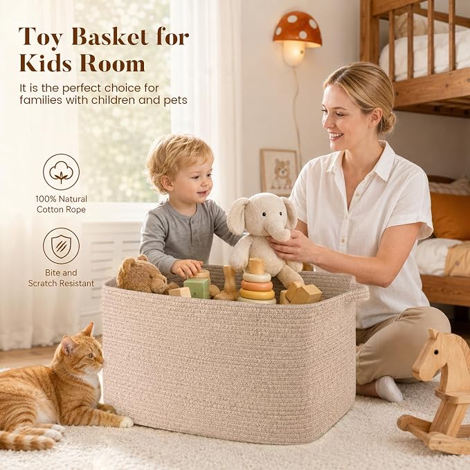65L Large Woven Blanket Basket for Living Room, 19.7"x15.7"x11.8" | Nursery Laundry Hamper with Handle for Organizing Blankets, Pillows, Toy Storage With Handle, Large Baskets for Organizing