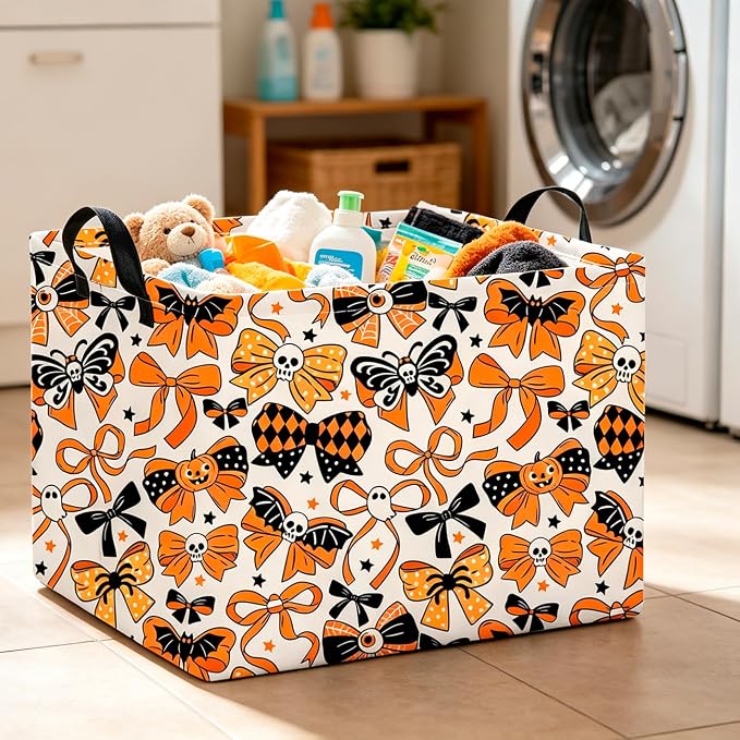 CLOCOR Rectangular Storage Basket,Collapsible Cute Pattern Storage Bin,Waterproof Books Box with Handles,Gift Basket(Halloween Bowknot)