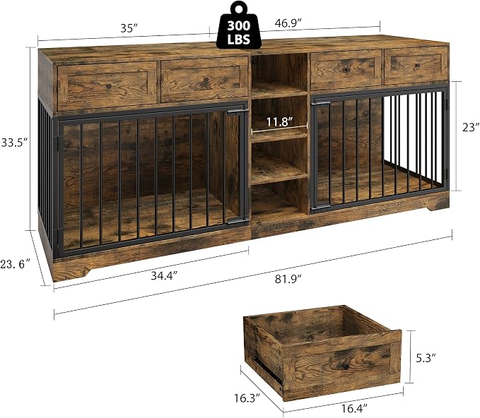 Dog Crate Furniture for 2 Dogs, Double Dog Crate TV Stand, Brown | 82" Large Dog Kennel Indoor with 4 Storage Drawers and 4 Shelves, Suitable for Small, Medium and Large Dogs