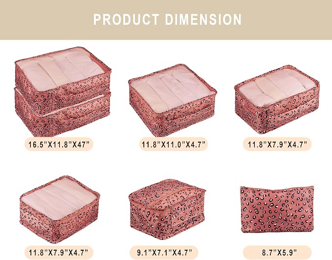 Vercord 7 Set Travel Packing Organizers Cubes Luggage Suitcase Organizer Bags Clothes Underwear Cube Shoe Pouch Pack Pink Leopard