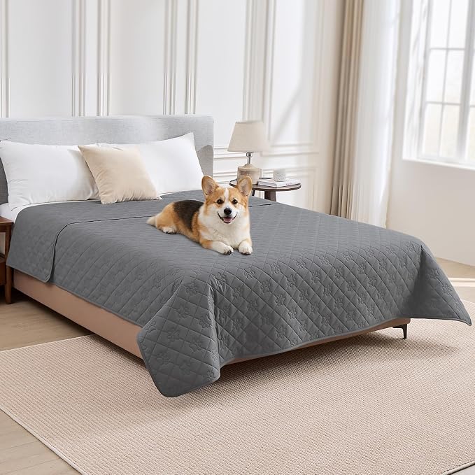 PAWFINITY Waterproof Bed Cover for Dogs, Pet Blanket for Mattress Washable | Paw Print Quilted, Hair Resistant, Anti Cat Scratch, Pee Proof Furniture Protector for Cal King Bed, 82x120 Inch, Grey