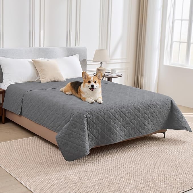 PAWFINITY Waterproof Bed Cover for Dogs, Pet Blanket for Mattress Washable | Paw Print Quilted, Hair Resistant, Anti Cat Scratch, Pee Proof Furniture Protector for King Size Bed, 82x82 Inch, Grey