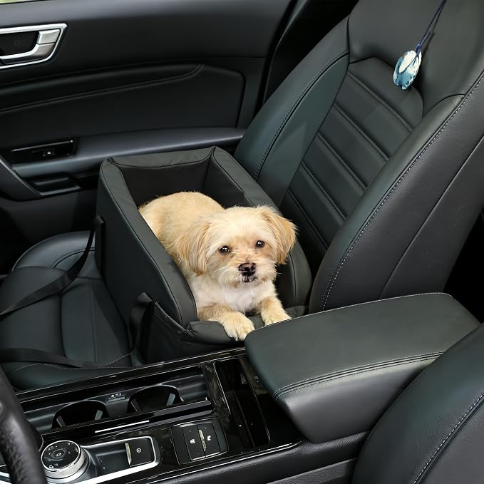 Center Console Dog Car Seat for Pets Up to 9 lb, Black | Water-resistant faux leather; 16.41 x 7.87 x 8.66 in; pets up to 11 in long. Measure your console before purchase.