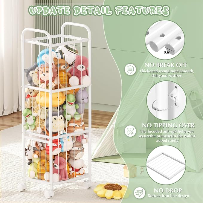Stuffed Animal Storage Organizer with Wheels for Nursery Playroom | 53.5"x18.1"x13", holds 50+ plushies, sturdy metal frame, 4 casters with 2 brakes, wall anchor included, rounded corners