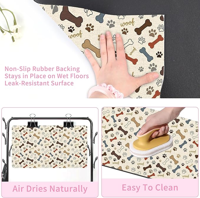 Dog Feeding Mat 30 x 17 Inch, Neutral Paw Bone Woof Dog Placemat Absorbent Quick-Dry for Food and Water, Waterproof Non Slip Rubber Pet Bowl Pad Mat for Floors
