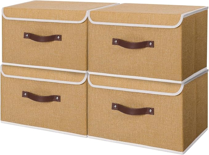 ANMINY Fabric Storage Box Bins with Lids, Khaki, 15"x10"x10", 4 Pack | Keepsake Memory Storage, Cotton Linen, PP Board Reinforced, Washable, PU Handles, Foldable & Stackable, Decorative, Large