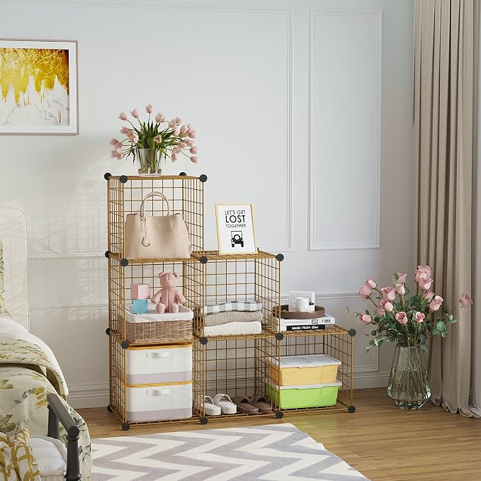 C&AHOME Wire Cube Storage, 6 - Cube Organizer Metal C Grids Units, Brown | Modular Shelves Units, Closet Organizer, Storage Bins Shelving, Ideal for Home, Office, Living Room