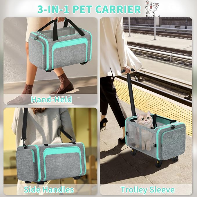 Airline Pet Carrier with Wheels, 18x11x11 for Cats & Toy Dogs | Soft-sided nylon under-seat bag, removable wheels, expandable mesh, cats & toy-breed dogs, measure pet before buying