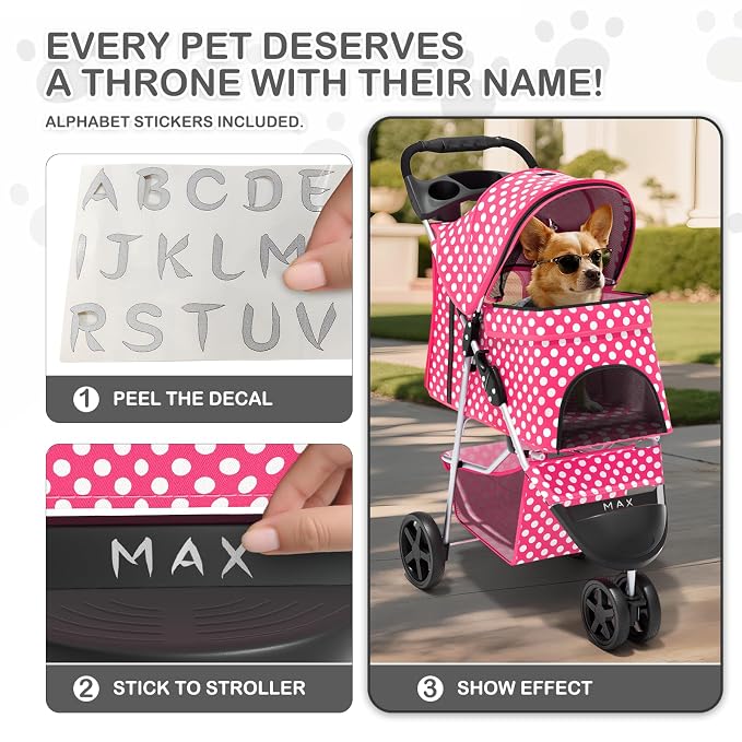 MoNiBloom Pet Stroller for Small/Medium Dogs and Cats, Hot Pink Polka Dots | Foldable Dog Stroller 3 Wheels Pet Strolling Cart w/ Storage Basket Cup Holder, Breathable and Visible Mesh for All-Season