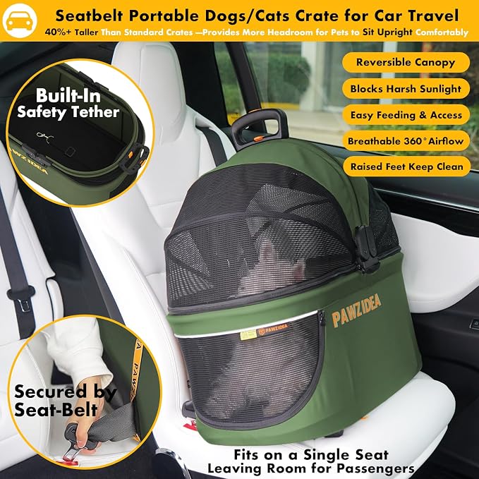 PAWZIDEA Pet Stroller 4-in-1, Foldable Cat Stroller with Detachable Carrier | Escape-Proof No-Zip Canopy, Portable Travel Crate & Car Seat Combo, for Small to Medium Dogs & Cats up 33 lbs, Storage Basket