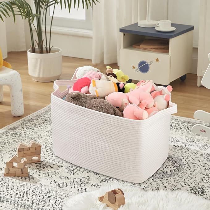 OIASKET 95L Extra Large Blanket Basket, 24" x 16.9" x 14.2" Woven Storage Basket for Living Room, Rectangle Nursery Blanket Storage for Toys, Towels, Dirty Clothes (White)