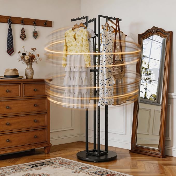 360° Black Rotating Coat Rack, Heavy Duty Metal Garment Rack Height-adjustable, Suitable for Both Adults and Children, Freestanding Clothing Rack for Hanging Clothes, for Bedroom, Retail Store