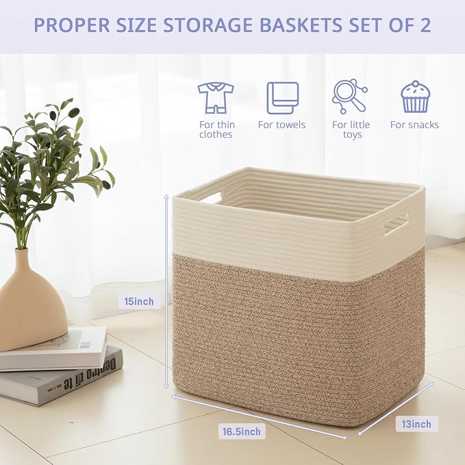OIAHOMY 2 PACK Tall Storage baskets 55L Blanket Basket Living Room Brown | Large Collapsible Storage Bins Narrow Basket Baskets for Closet Organization Storage Baskets for Shelves Toy Storage Basket