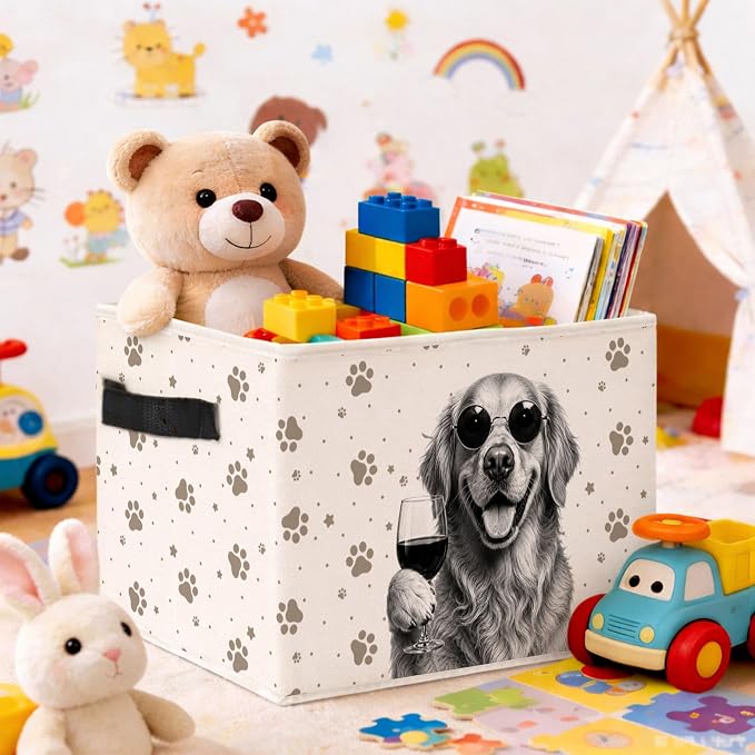 Golden Retriever Wine Storage Bin, Foldable Organizer Basket | Funny golden retriever wine storage bin with sunglasses dog design, paw print pattern, foldable fabric and handles.