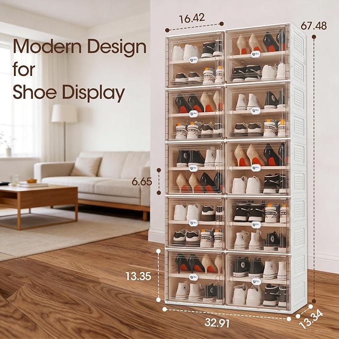 White Foldable Shoe Rack Organizer for 40 Pairs | Tool-free Assembly, Magnetic Clear Door, Anti-Tiping, Sneaker Storage, adjustable shelf, Folding Design, Garage, Entryway