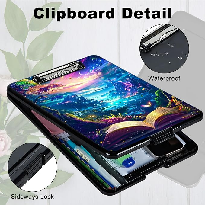Book Mountains A4 Clipboard with Storage Pen Holder, Clipboards Organizer Nursing Clipboard Foldable File Folder Plastic Clipboard Folio Clip Board for Office Students Classroom Doctor