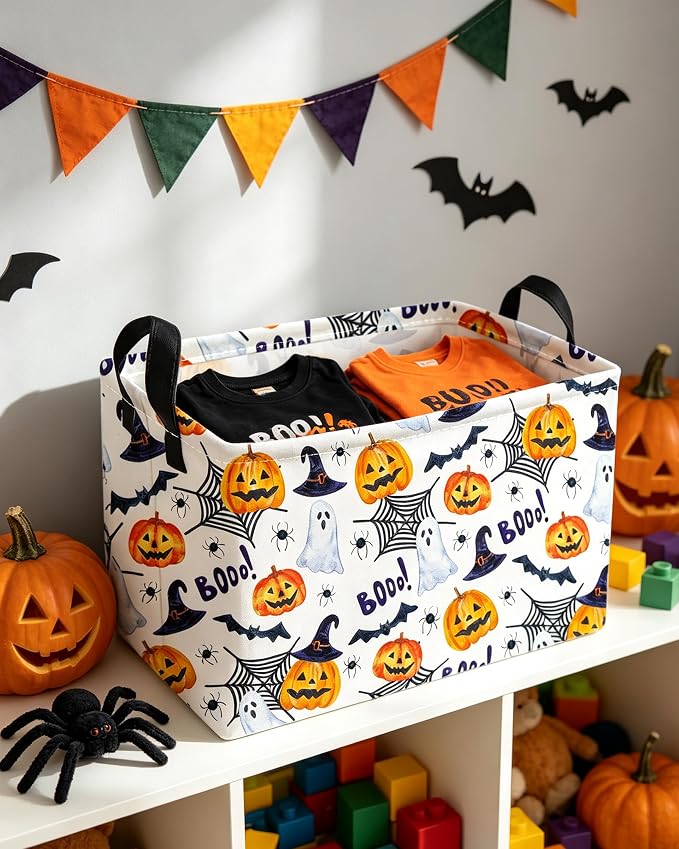Essme Rectangular Halloween Basket,Ghost Storage Bins Organizer with Handles for Room Decor, Gift Basket.(Watercolor Halloween)