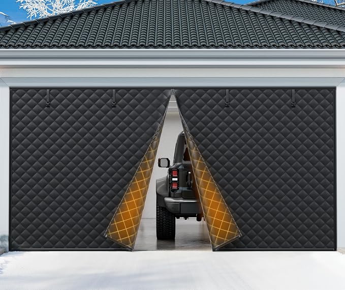 Car Garage Door Insulation Kit Fits 9x7 FT, Magnetic Thermal Insulated Door Curtain for Winter, Thermal Door Cover for Cold with Thickened Cotton, Garage Door Screen for 1 Car - Black
