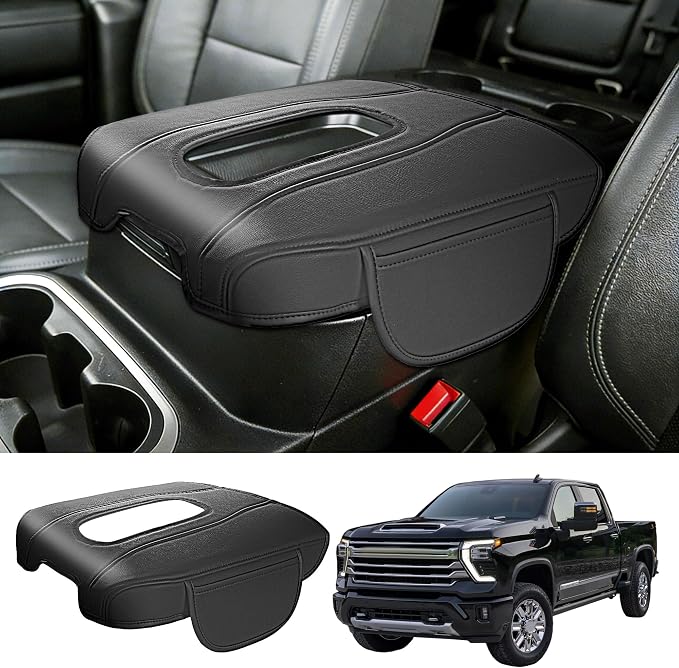 Center Console Cover Compatible with 2019-2025 2026 Chevy Silverado/GMC Sierra Jump Seat Accessories, Middle Console Armrest Lid Leather Protective Cover(ONLY for Split Bench Seat Console)