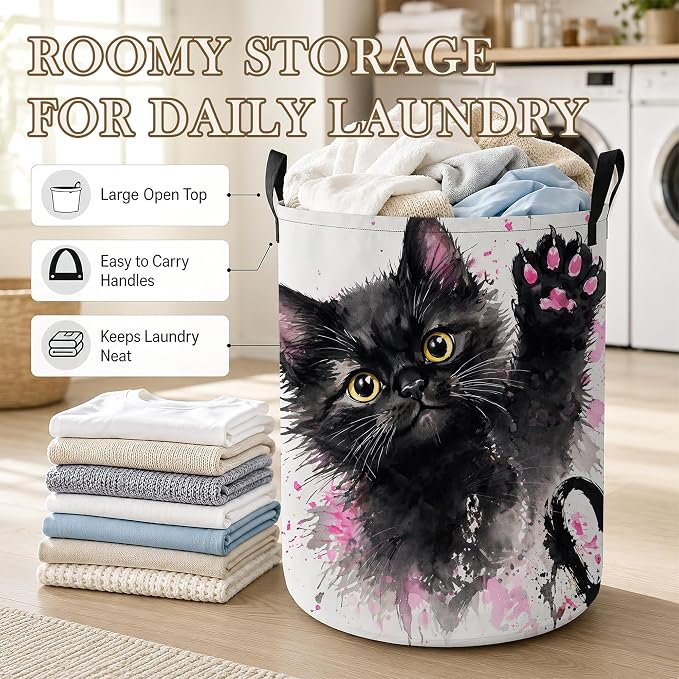 Black Kitten Laundry Basket Oxford Cloth Pink Paw Laundry Hamper With Handle Foldable Portable Clothes Storage Basket Storage Bag For Laundry Room/Bathroom/Bedroom/Dormitory 20.8"x16"